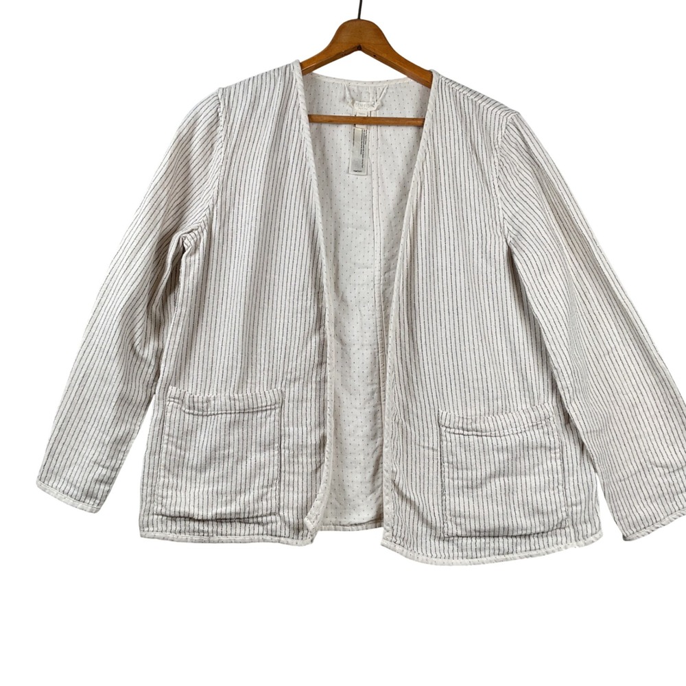 Eileen Fisher Cardigan Jacket Womens PS Cream Striped Organic Cotton Open Front